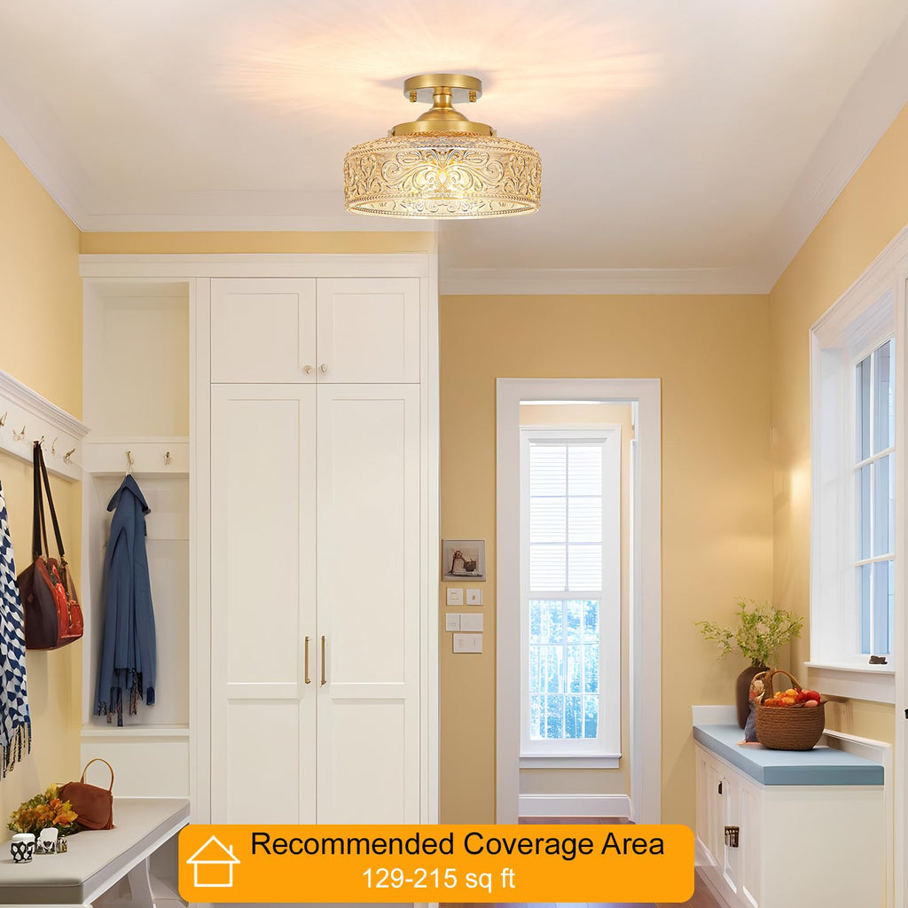 Gold Semi Flush Mount Ceiling Light, 3-Light Close to Ceiling Light with Amber Glass, Vintage Hallway Lights, Brass