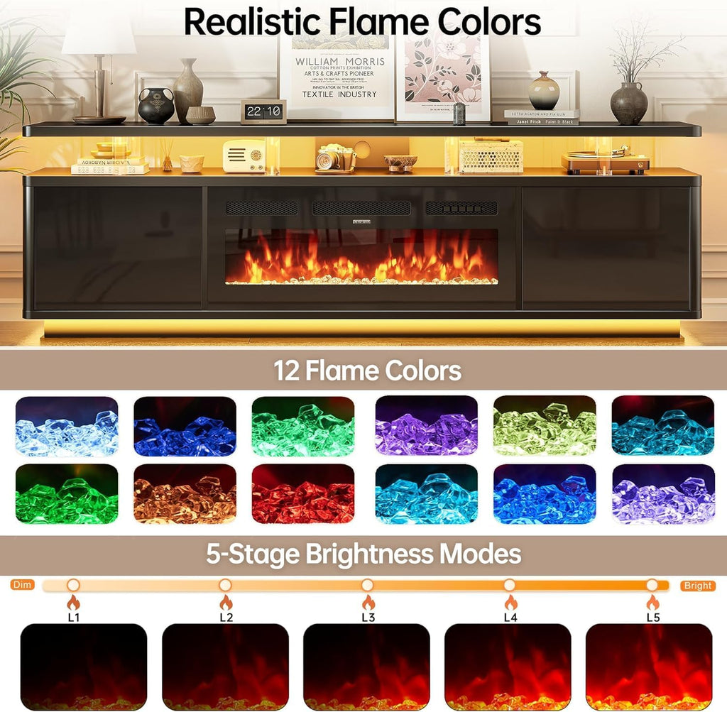 70" Fireplace TV Stand with Double LED Lights for TVs UP to 80", Electric Fireplace Entertainment Center with Storage
