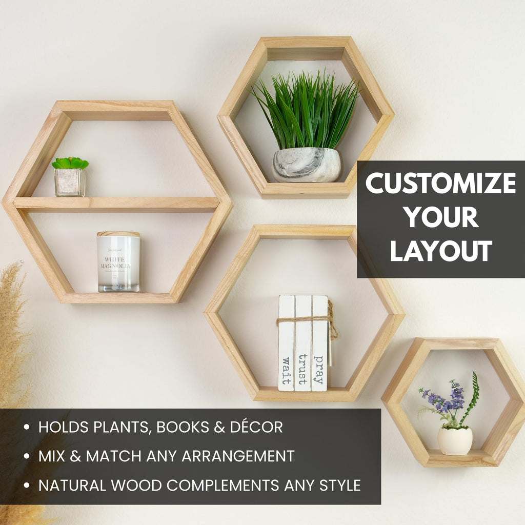 Hexagon Floating Shelves Set of 4 - Solid Wood Wall Mounted Shelves - Honeycomb Geometric Display Shelves - Natural