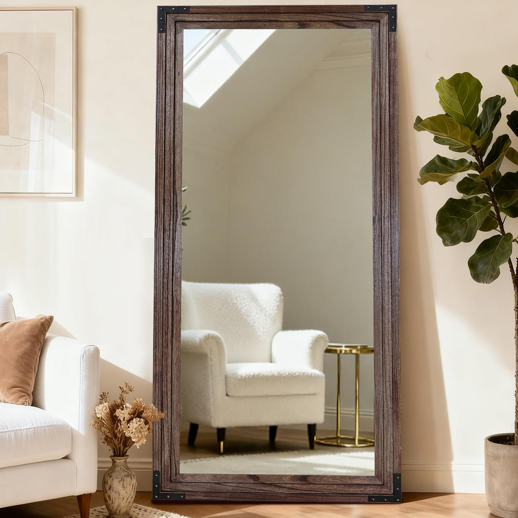 Full Length Mirror 76"x34", Solid Wood Frame Standing Mirror, Brown