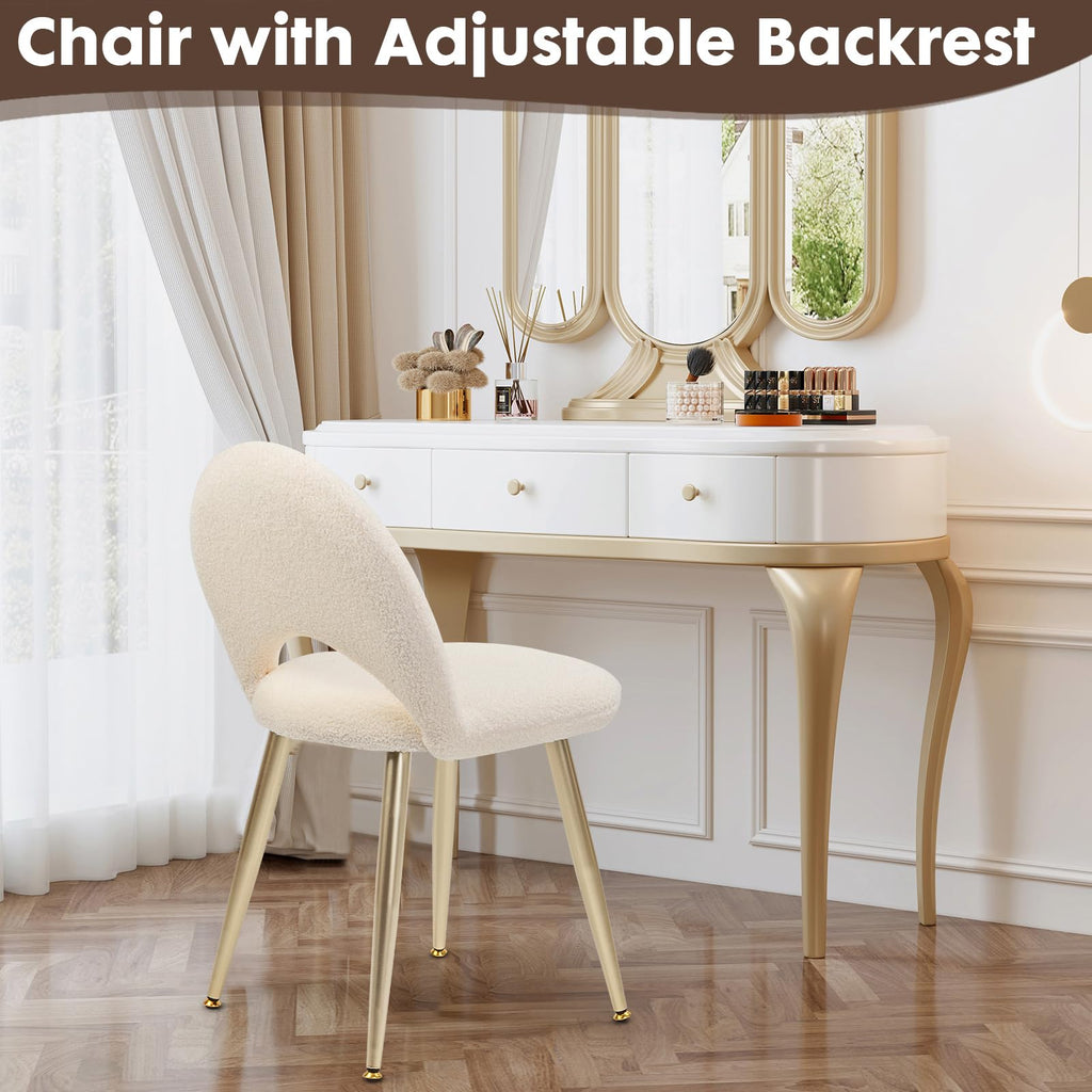Adjustable Vanity Chair with Boucle Cushion, Gold Legs Makeup Chair