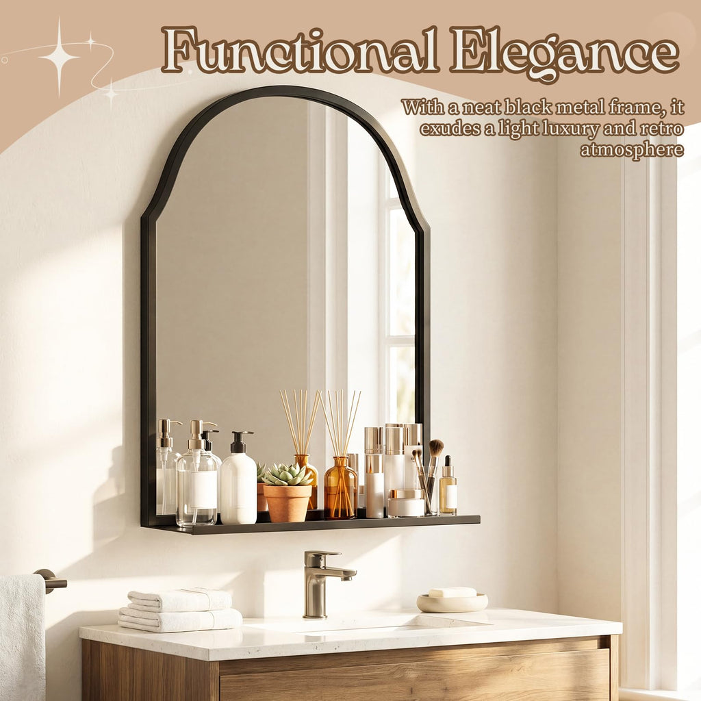 30x20 Inch Arched Bathroom Mirror with Shelf, Black, Metal Frame