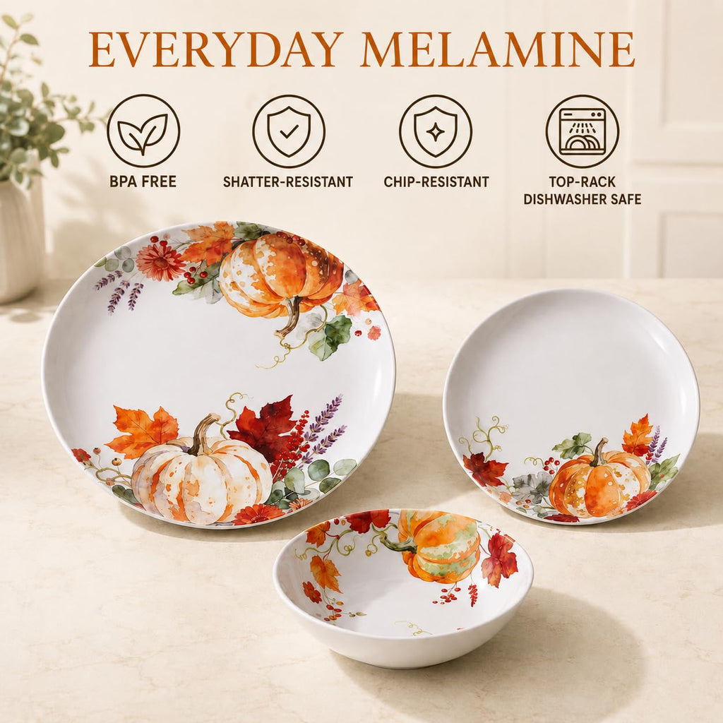 Melamine Dinnerware Set for 4, 12-Piece Pumpkin Plates and Bowls, BPA-Free