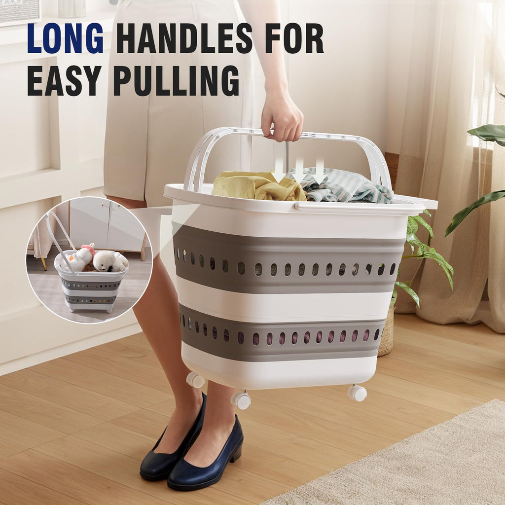 Collapsible Plastic Rolling Laundry Basket Hamper with Wheels, 45L Portable Rubber Clothes Basket, Pop Up Storage