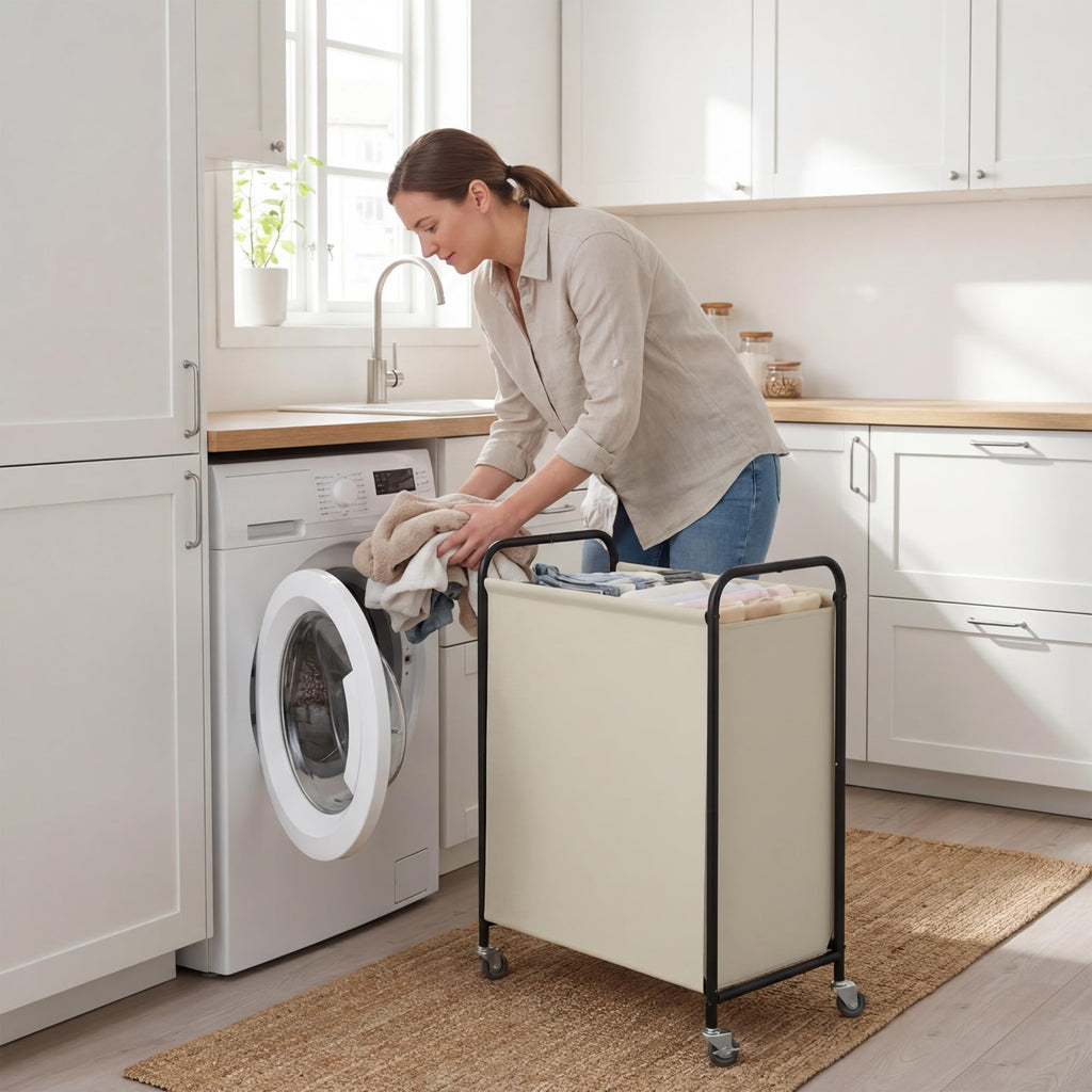 2 Section Laundry Sorter, 130L Large Hamper Basket with Wheels