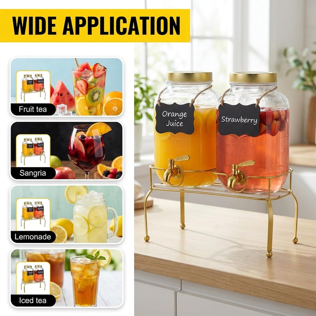 Gallon Glass Drink Dispenser - Drink Dispensers for Parties, Beverage Dispenser with Stand & 100% - Set of 2