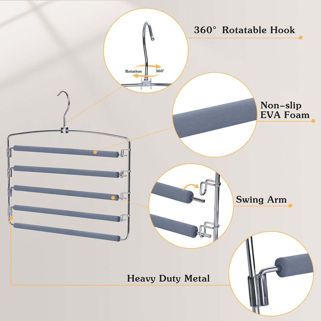 Pants Hangers Space Saving with 5 Tiers Non-Slip Foam Padded