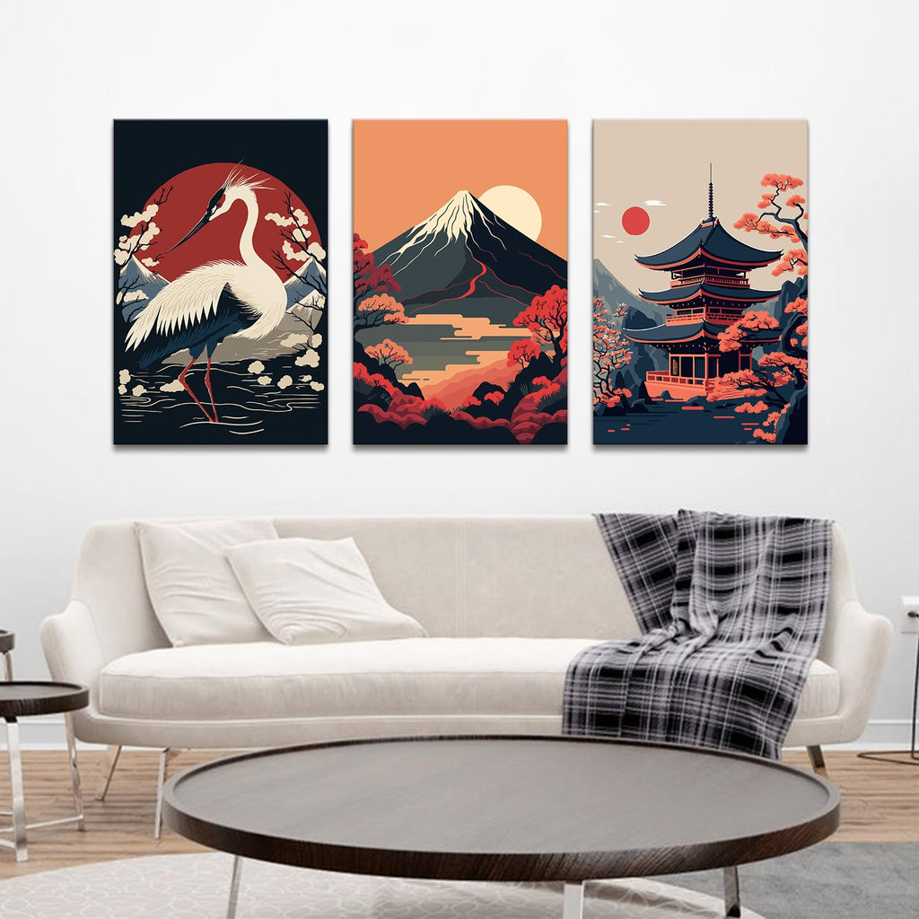 Large Japanese Wall Art Prints Red and Black Sunset Fuji Mountain Canvas Pictures White Crane Posters Retro Asian