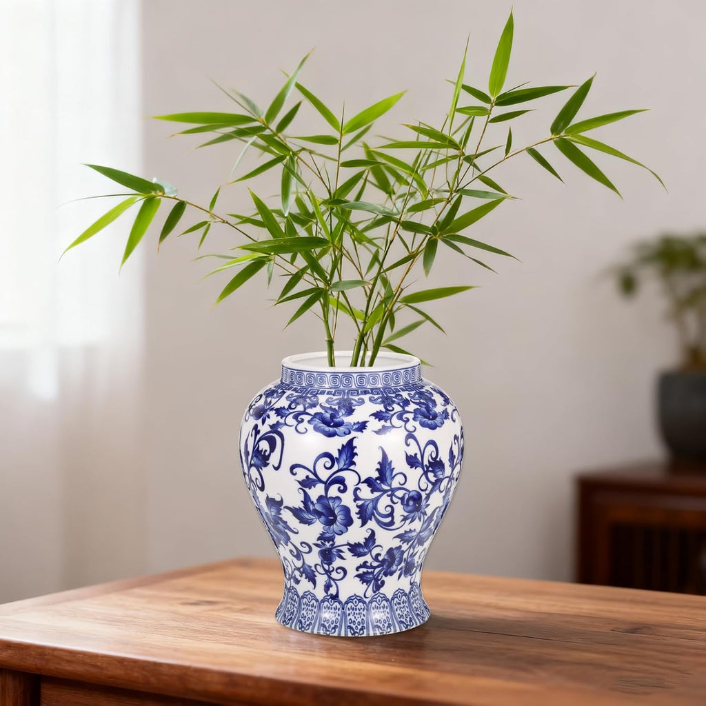 Chinoiserie Ginger Jar with Gilt Edges,7.87 Inch Ceramic Blue and White Ginger Jar with Lid,Porcelain Ginger Jars