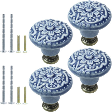 4pcs Greyish Blue Ceramic Knobs, Vintage & Retro Dresser & Cabinet Knobs & Pulls & Furniture Doors