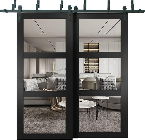 Lucia 2555 | Interior barn Bypass Sliding Doors with Clear Glass, Solid Wood, 72x80, Black, Modern S
