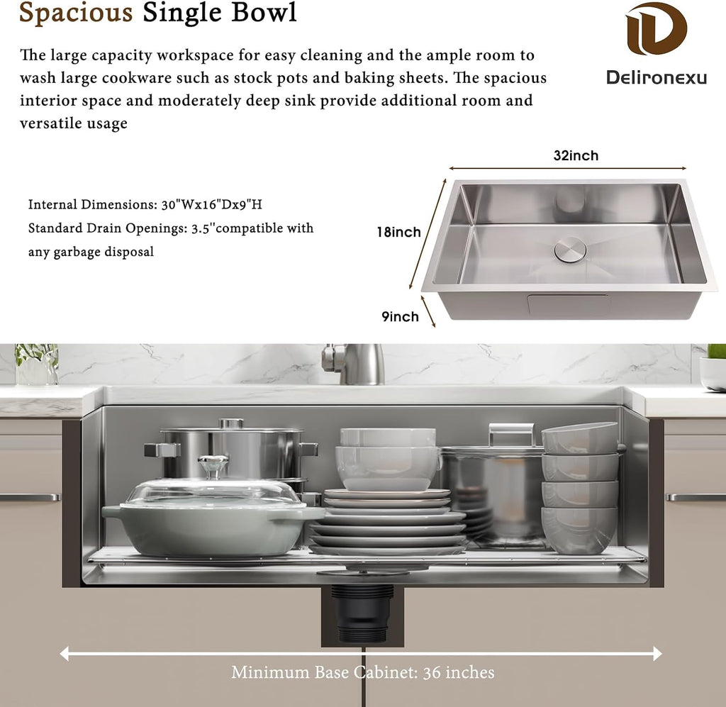 32 Inch Undermount Kitchen Sink - 18 Gauge Stainless Steel Kitchen Sink Undermount, 32''x18'' Single Bowl kitchen