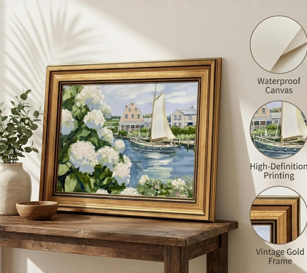 Gold Framed Vintage Coastal Canvas Wall Art, Hydrangea Seascape Wall Decor