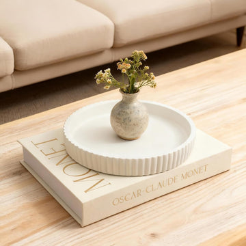 Decorative Concrete Tray & Book Set - Modern Scalloped Home Decor Tray & Linen Storage Box for Coffee Table