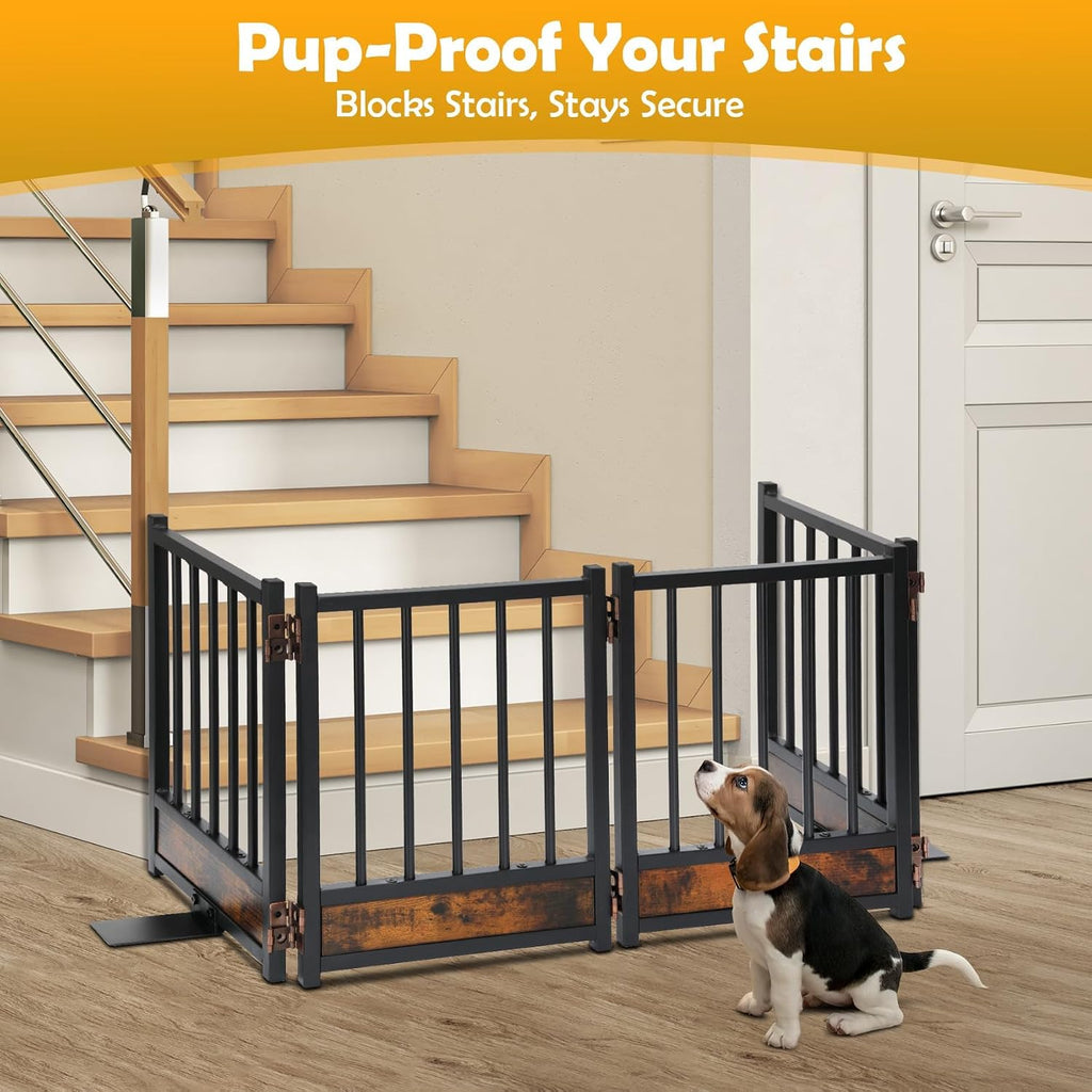 Freestanding Short Dog Gate, 16" Tall Pet Gate Indoor with Support Feet Easily Step Over, 4 Panel Metal Wood Foldable