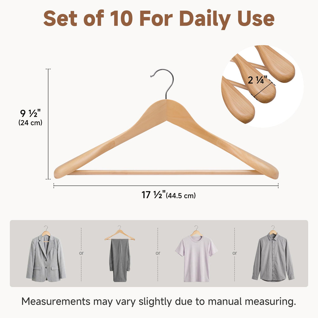 Wooden Hangers 10 Pack, Extra Wide Shoulder Suit Hangers