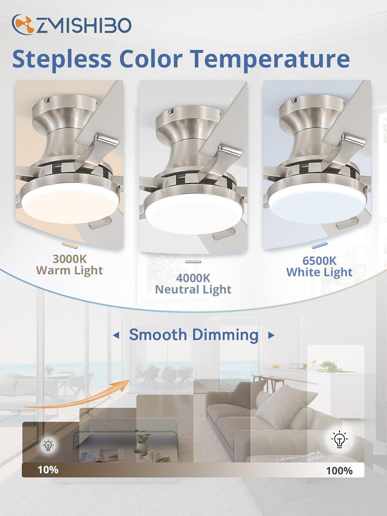 52 Inch Ceiling Fan with Light, App&Remote Control, Flush Mount Low Profile, Dimmable 20W LED Light, Quiet Reversible Motor for Bedroom, Living Room, Apartment, Nickel A101-B0DPHBW77W
