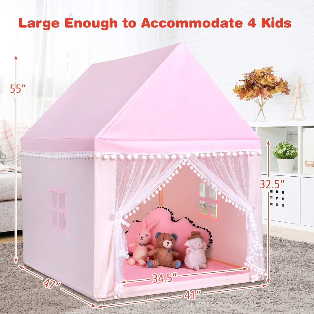 Kids Play Tent, Large Playhouse w/Washable Mat, Windows, Solid Wood Frame, Indoor Outdoor Princess Tent for Children