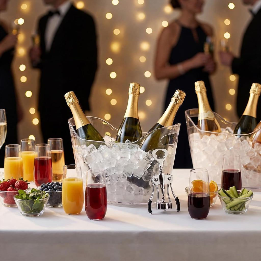 6.5L Clear Ice Buckets for Parties, Large Plastic Beverage Tub Set with Scoops, Champagne Flutes & Wine - Set of 4
