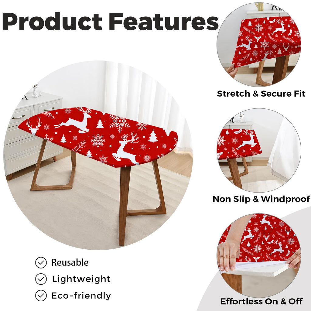 Oval Christmas Fitted Tablecloth Washable Red Holiday Spandex Outdoor Table Cloth for Winter New Years Party with