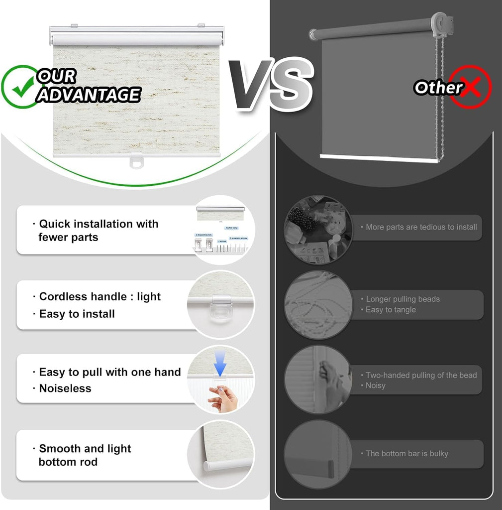 Cordless Roller Shades Blackout Blinds for Windows Room Darkening Rolled Up Shades with Spring System, UV Protection