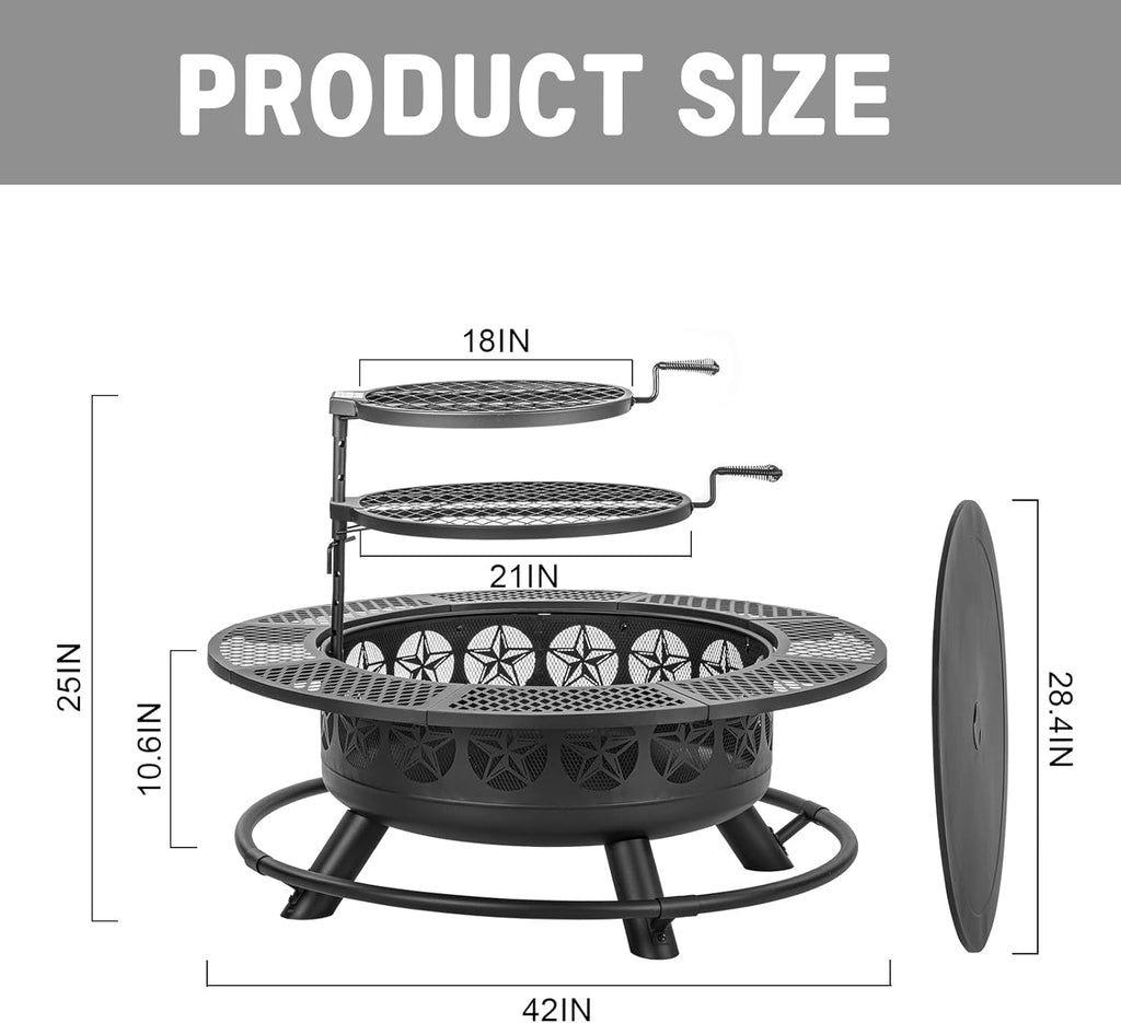 42 Inch BBQ Fire Pit with 2 Grills,3-in-1 Outdoor Round Metal Fire Pit Table with Lid,Fire Poker,Large Outdoor Wood