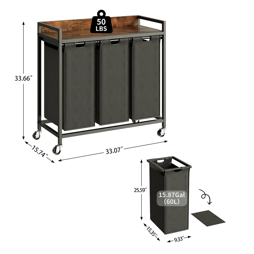 Laundry Hamper with Shelf, Laundry Basket 3 Section, Laundry Sorter with Pull-Out Removable Large Bags and Movable