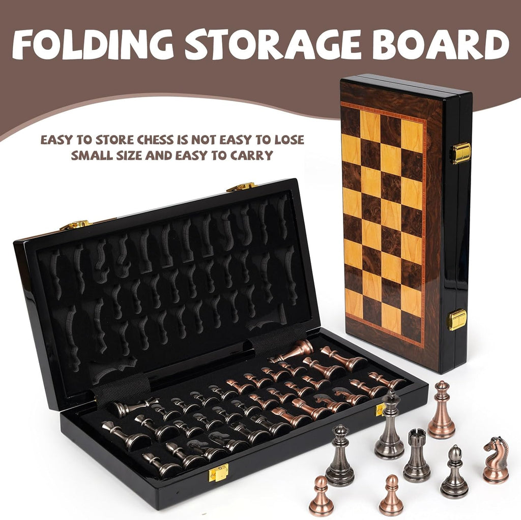 Luxury Metal Chess Set with 15 Inch Wooden Chess Board | Weighted Metal Chess Pieces | 2 Extra Queens | Professional