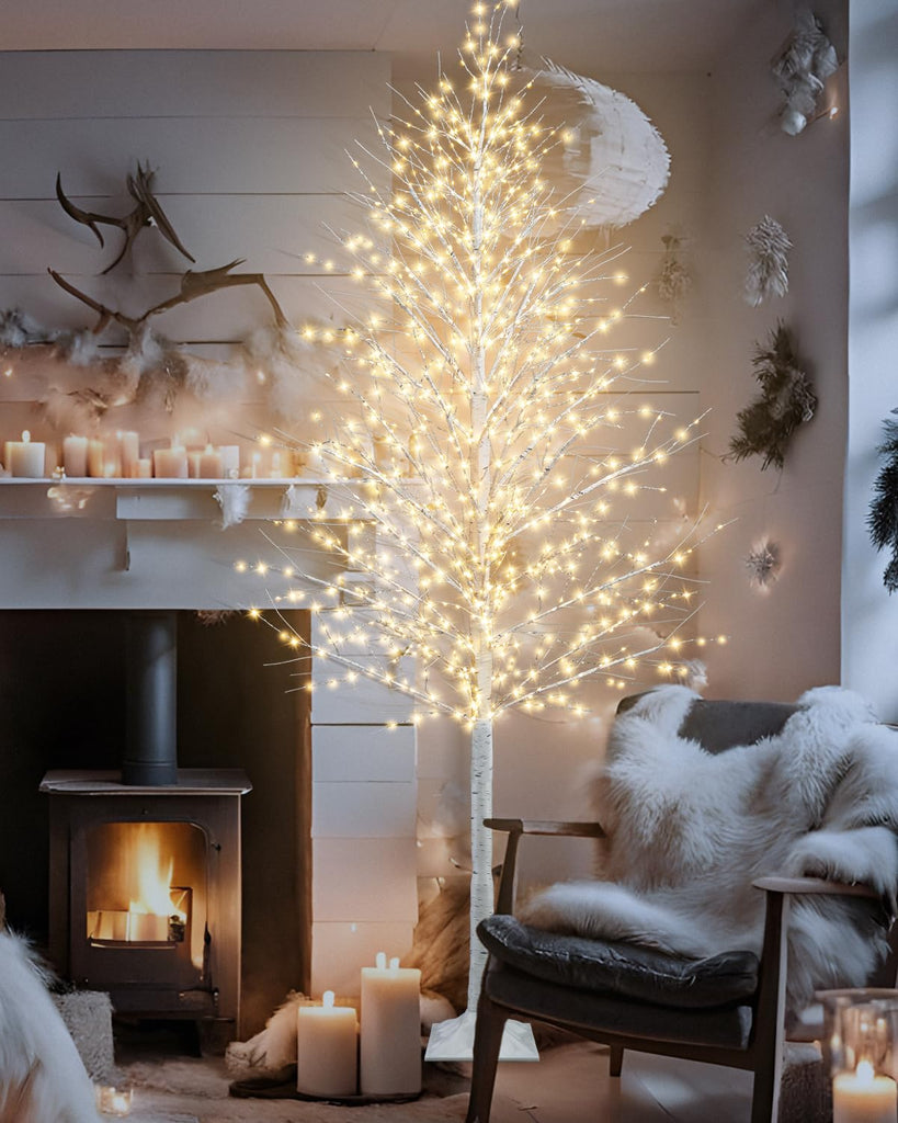 8FT Lighted Birch Tree 1440 LEDs Warm White Lights, 8 Modes Light Up White Artificial Christmas Twig Tree with Timer