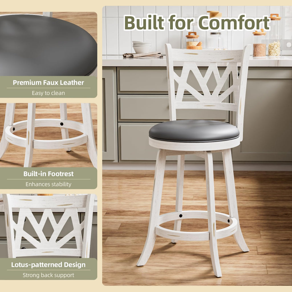 Bar Stools Set of 2, Farmhouse 24" Counter Height Barstools, White