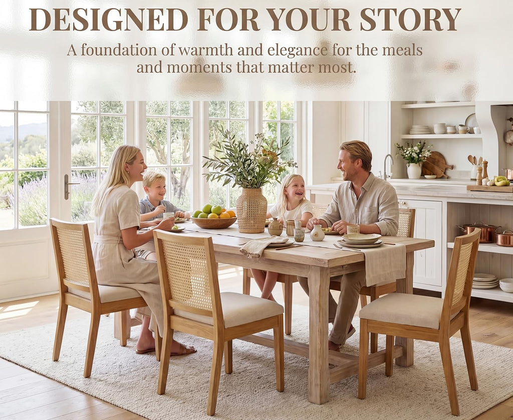 Farmhouse Rattan Dining Chairs Set of 6, Natural Solid Hardwood Frame, Upholstered Linen Seat, Ergonomic Cane Back