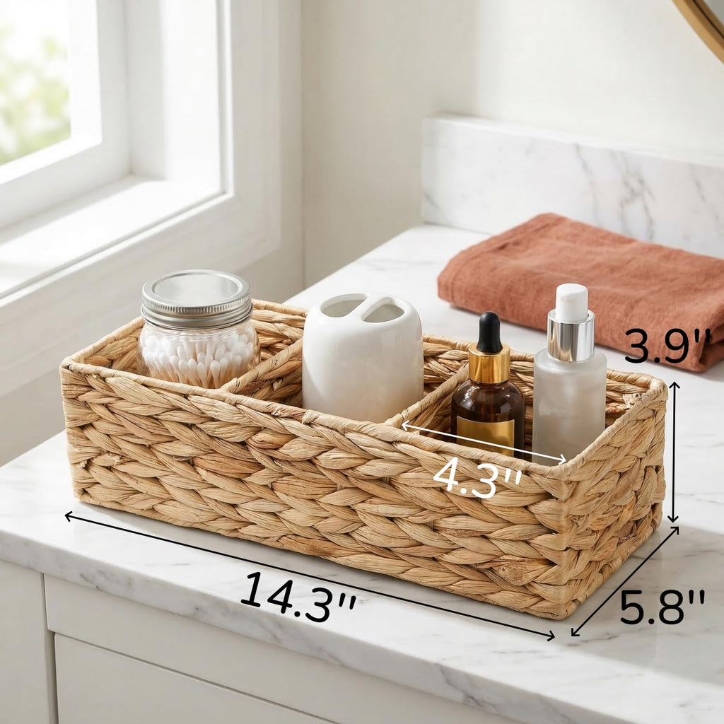 2 Pack 3-Section Woven Baskets, Water Hyacinth Storage Bin, Handwoven Desk Organizer, Toilet Paper Container