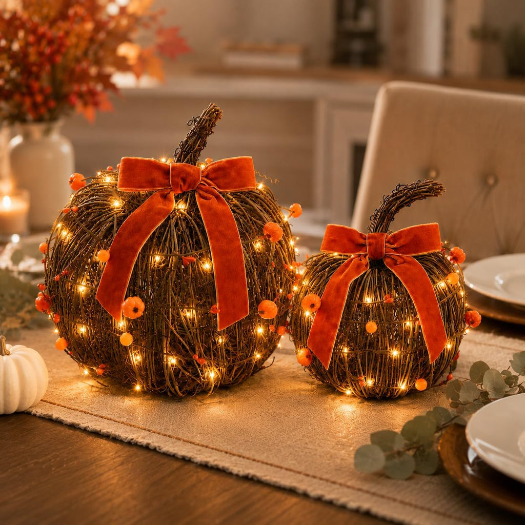 Lighted Fall Pumpkin Decor 2 Pack Rattan Wicker Pumpkins for Table - Set of 2