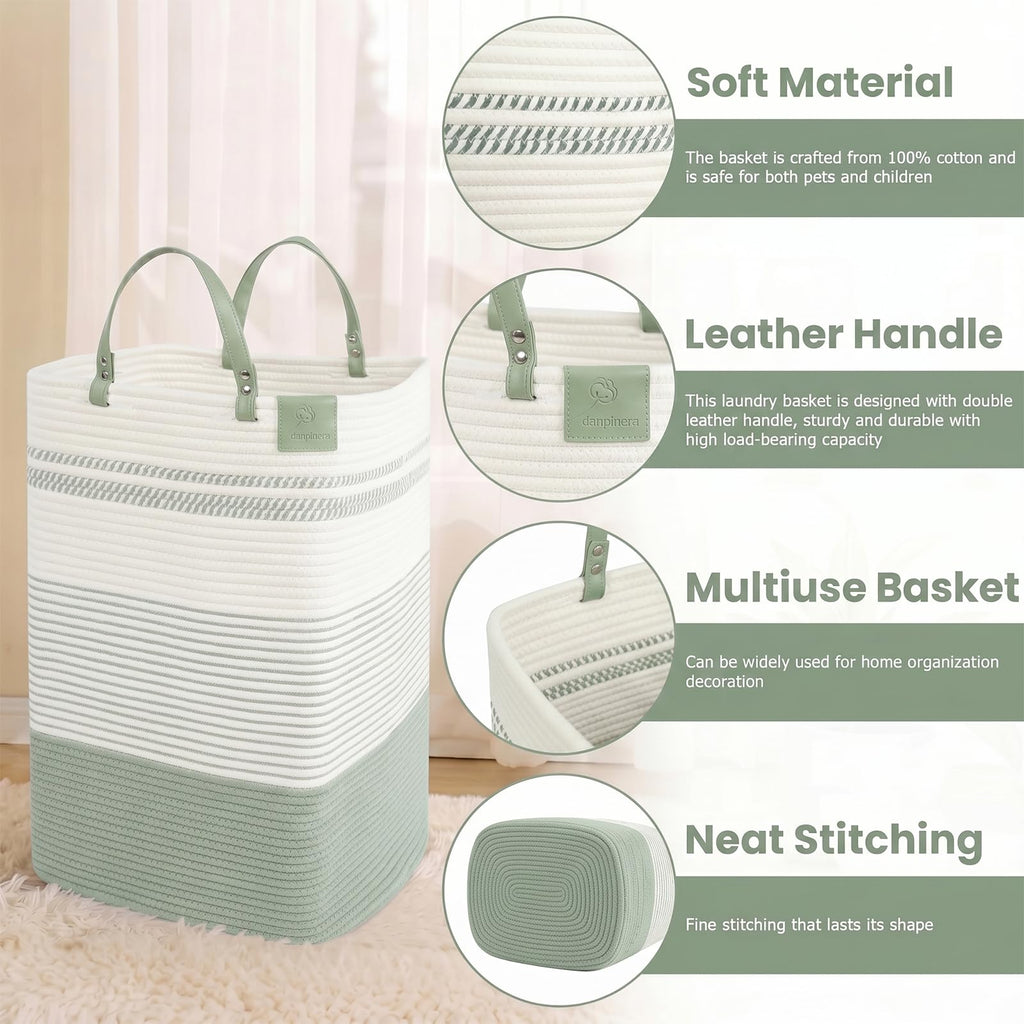 100L Nursery Hamper, Tall Woven Laundry Basket with Long Leather Handles, Boho Laundry Hamper , Eco-friendly &