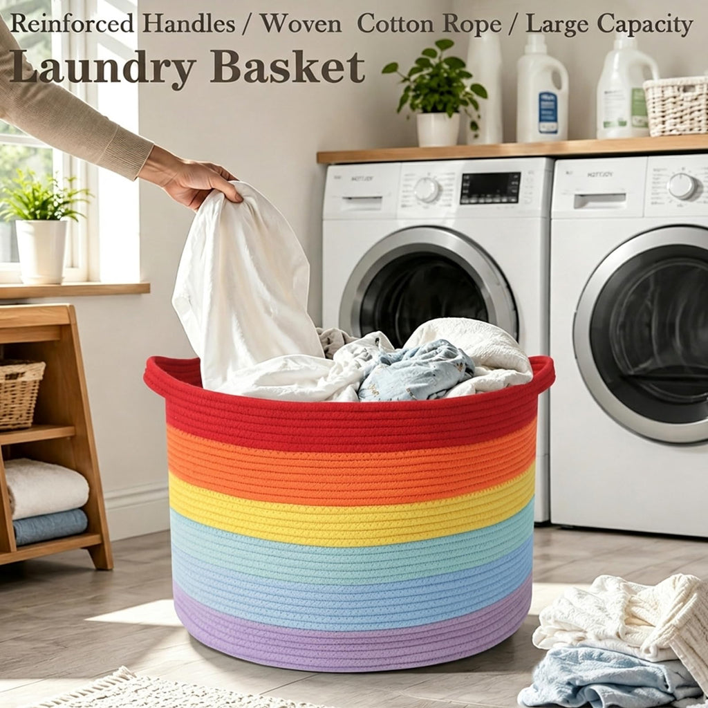 65L Large Blanket Basket, Rope Woven Laundry Basket-Rainbow