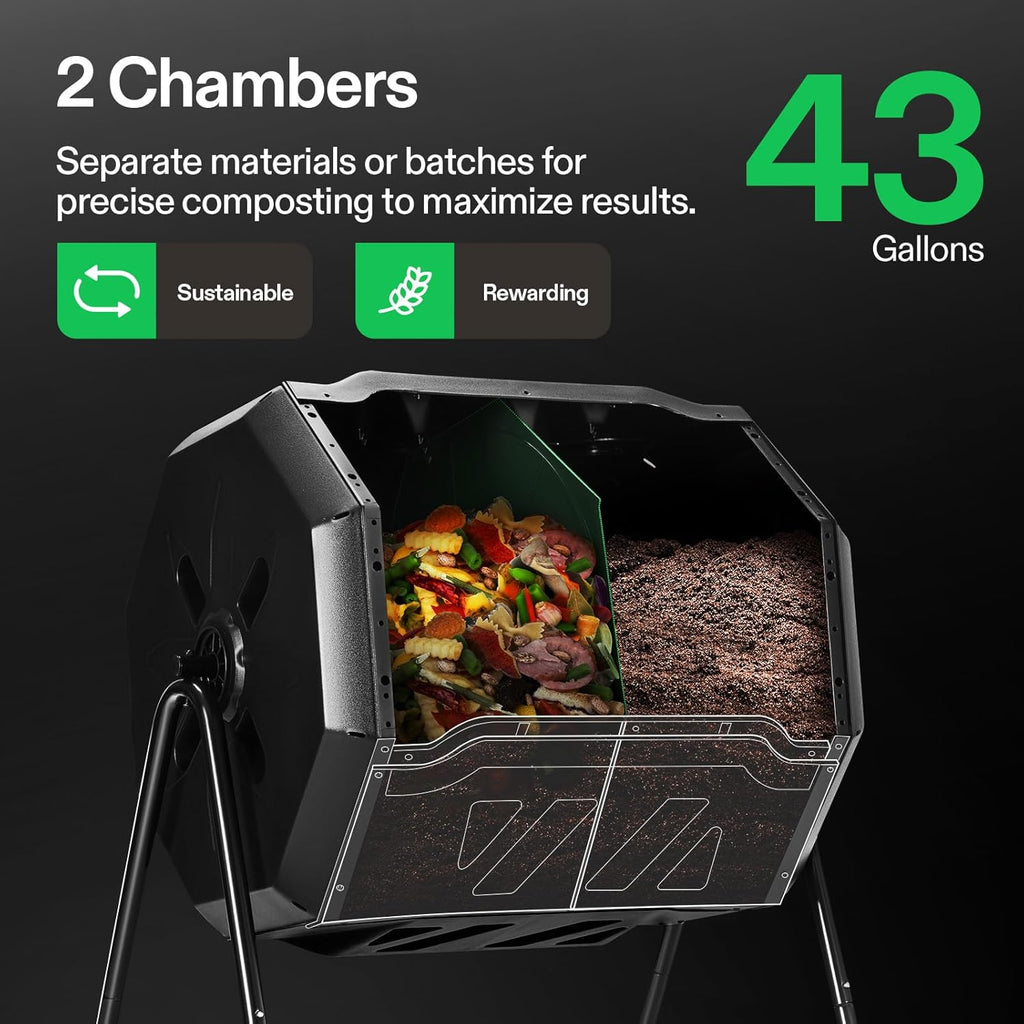 Outdoor Tumbling Composter Dual Rotating Batch Compost Bin, 43 Gallon Orange Door
