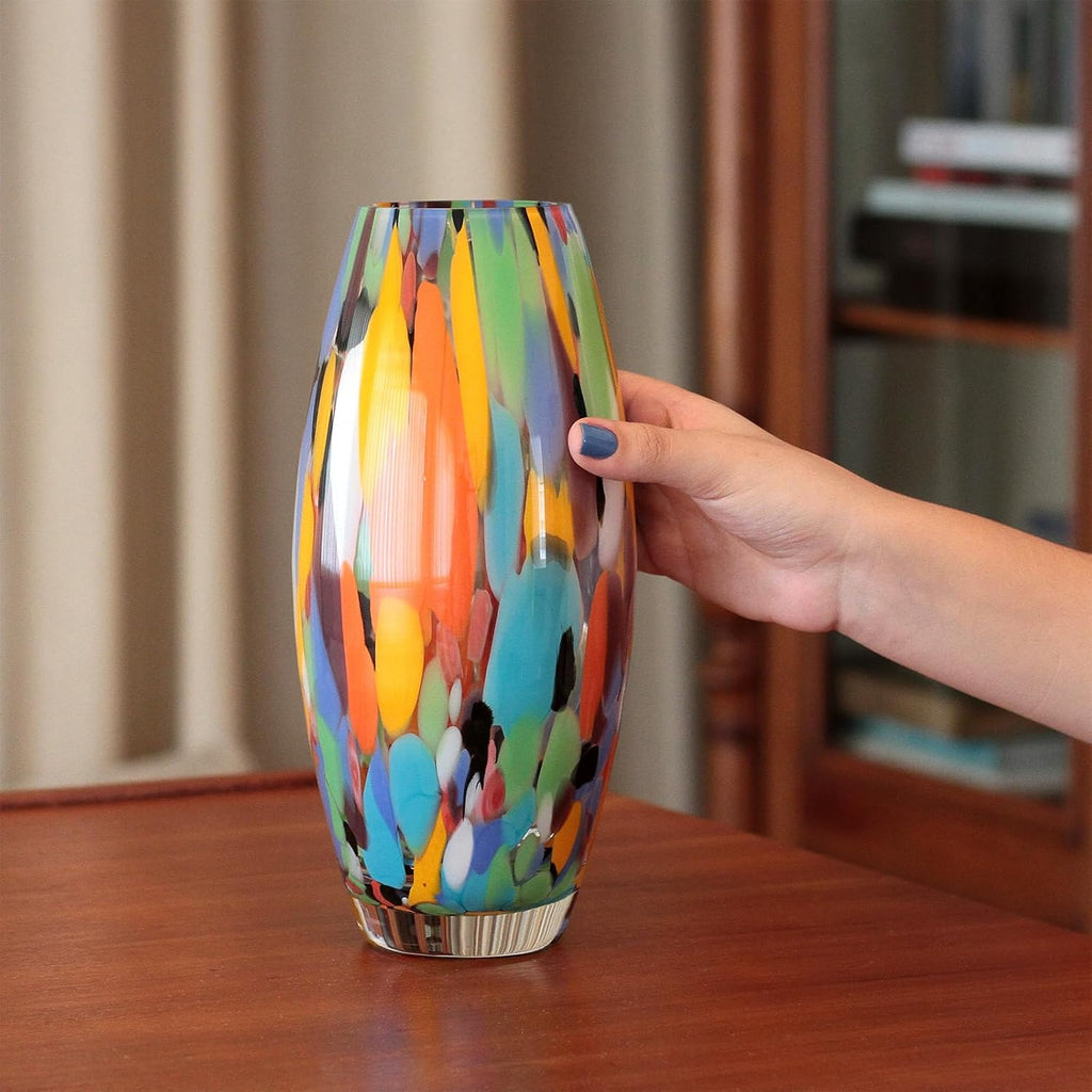 Murano Style Art Glass Vase Hand Blown Colorful Confetti Effect Home Decor