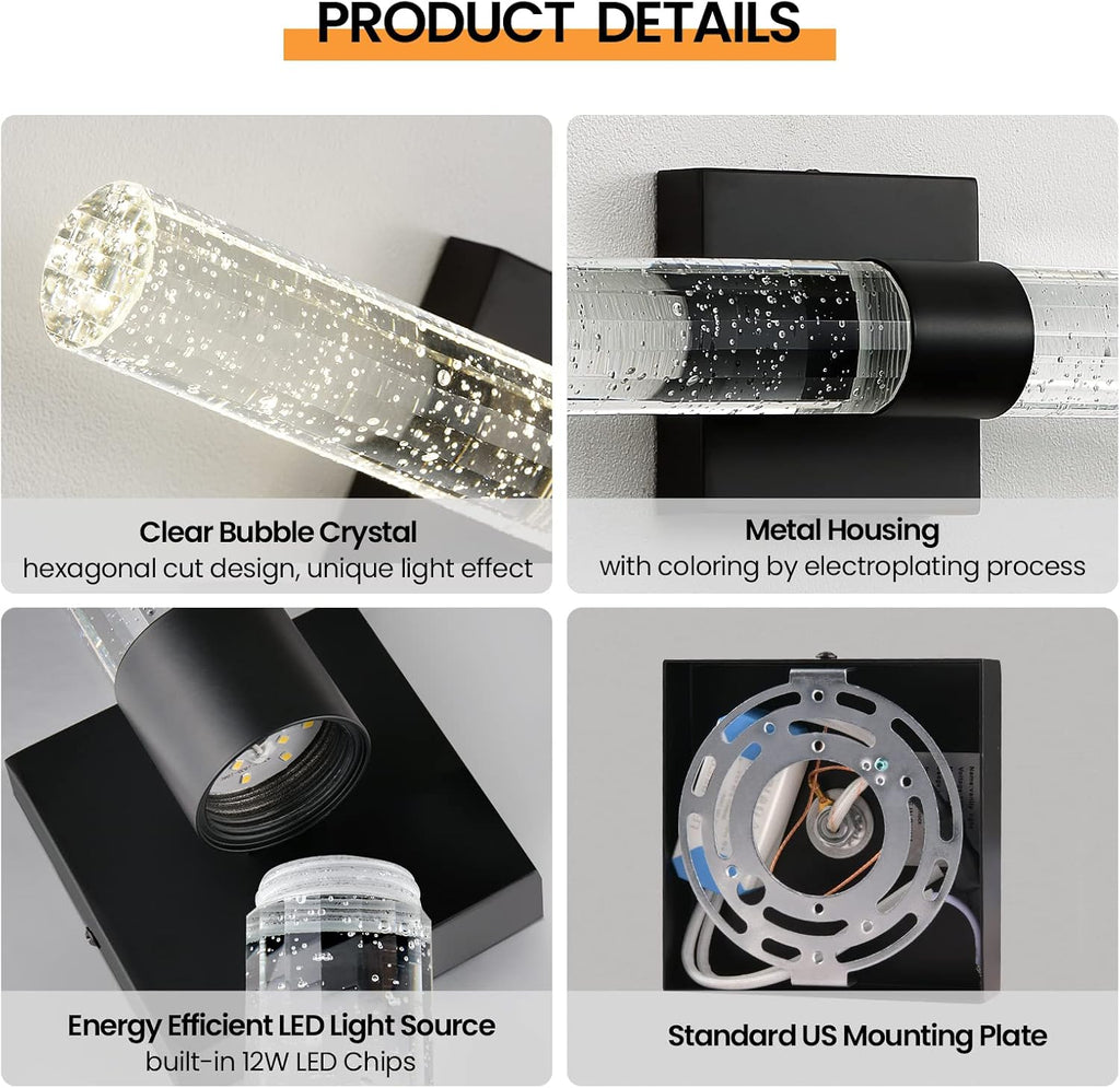 Black Modern LED Wall Sconce - 18 Inch Wall Sconces Set of Two 4000K Dimmable Crystal Sconce Wall Lighting Indoor
