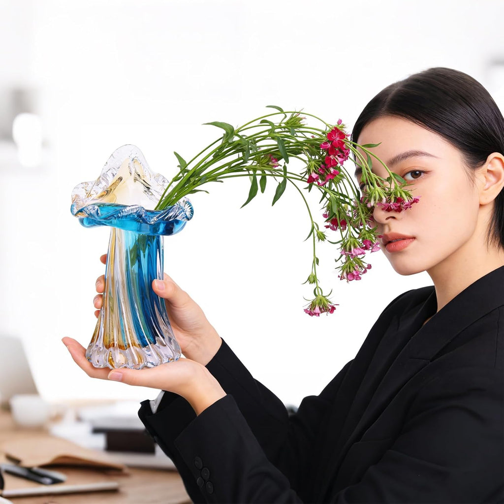 Hand Blown Blue & Yellow Sunset Coast Jellyfish-Shaped Glass Vase, Mini Ocean-Themed Art Sculpture Vase Centerpiece
