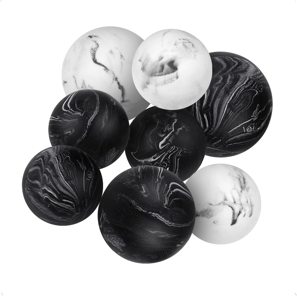 Black & White Small Set of 8 Marble Look Decorative Balls for Bowls - Decorative Orbs Spheres for Coffee Table