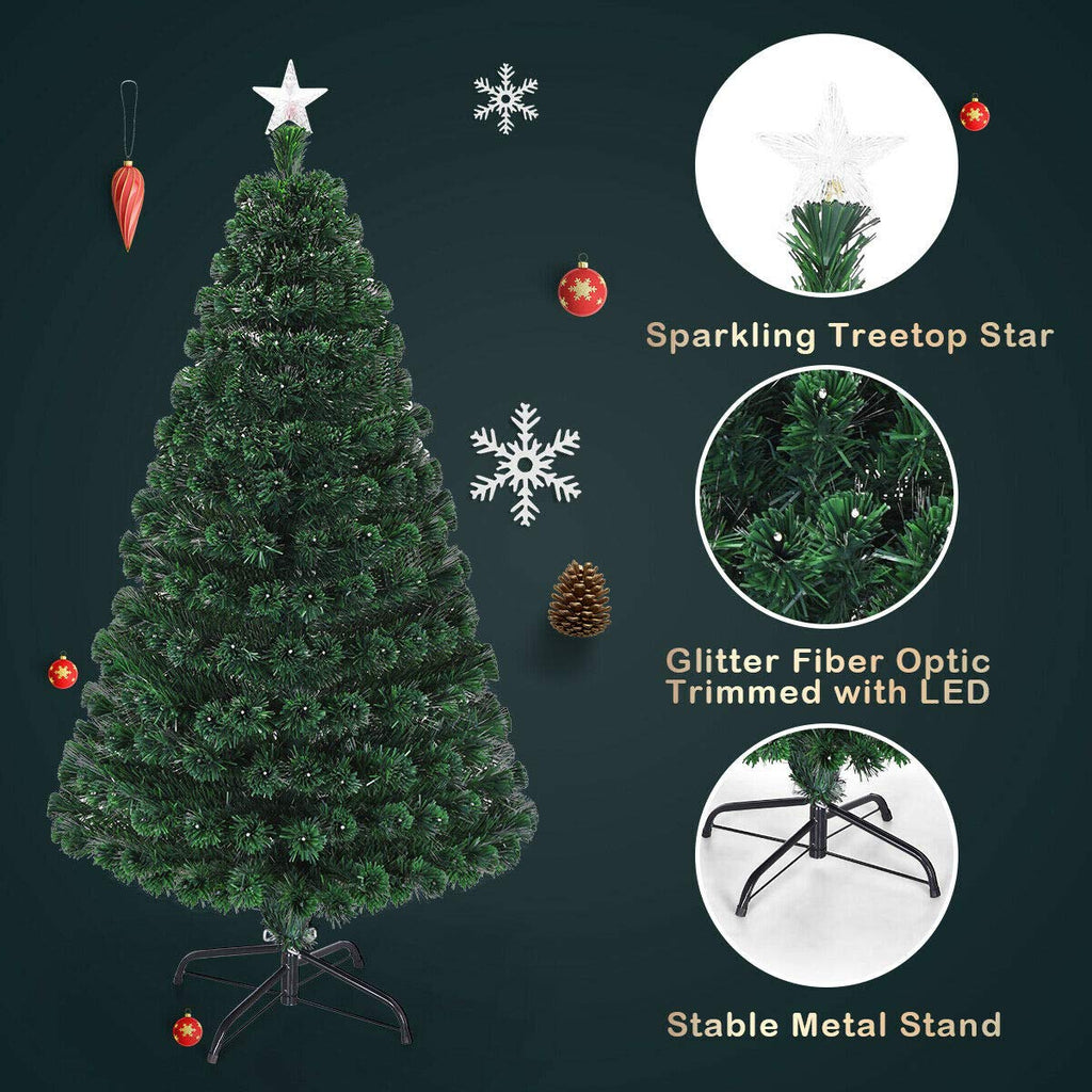 5ft Fiber Optic Artificial Christmas Tree, Pre-Lit Xmas Tree with Colorful LED Lights, 8 Lighting Modes, 180 Branch