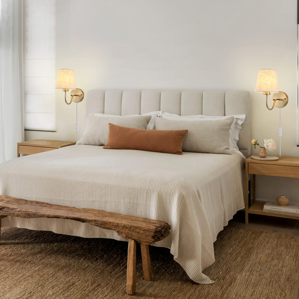 Plug in Wall Sconces Set of Two, Gold Bedside Wall Lamps Lights