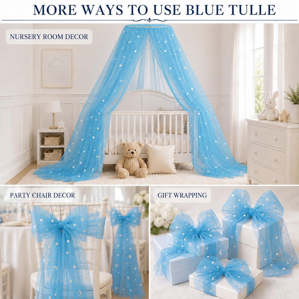 59 Inch x 8 Yard Silver Star and Moon Tulle Fabric, Blue