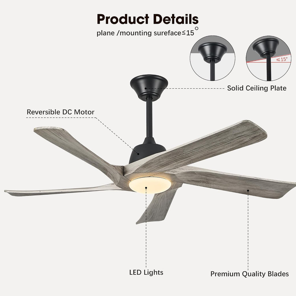 Inspired Maverick Style 52 Inch Solid Wood Ceiling Fan with Light, Remote and APP Control, 3-color Dimmable, DC