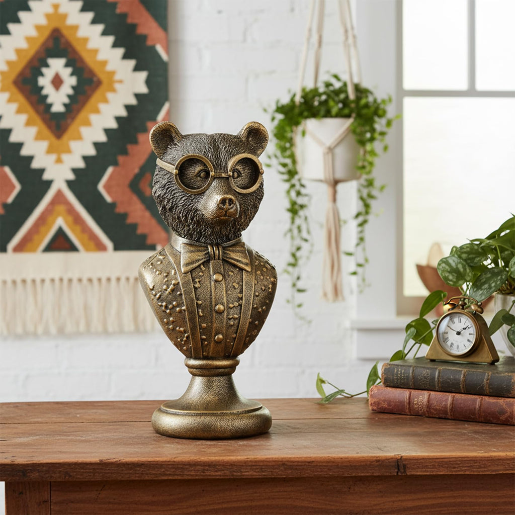 Retro Gold Resin Bear Bust Sculpture Dressed with Suit and Glasses, Vintage Animal Figurine Decor for Desk Living