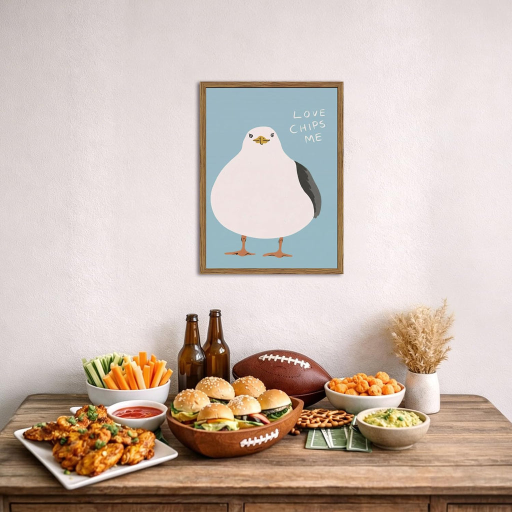 Funny Seagull Wall Art, Love Chips Me Quotes Wall Decor Painting Cute Beach Animal Poster Canvas Prints Picture
