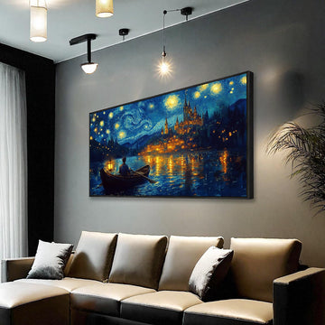 Wall Art Canvas Print Starry Night Over the Rhone by Van Gogh 30 x 58 inches Framed Home Artwork Decor Canvas Art