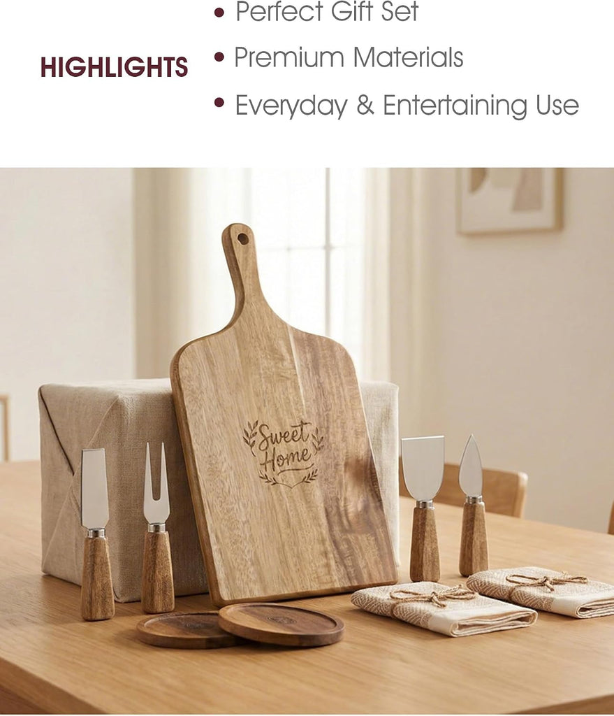 9-Piece Charcuterie Board Gift Set, Acacia Wood Cheese Board with Knives | 100% Acacia Wood, Cheese Knives &