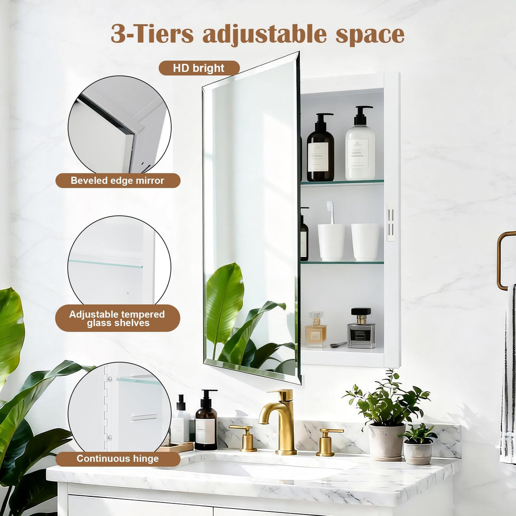 16x20'' Bathroom Medicine Cabinet Mirror with Storage, Surface Mount or Recessed Medicine Cabinet with 3-Tiered
