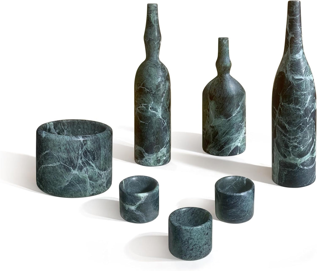 Diamond Green Natural Marble Living Room Decor Set Luxury 7-Piece Home Accessories Kit with Real Marble Candle
